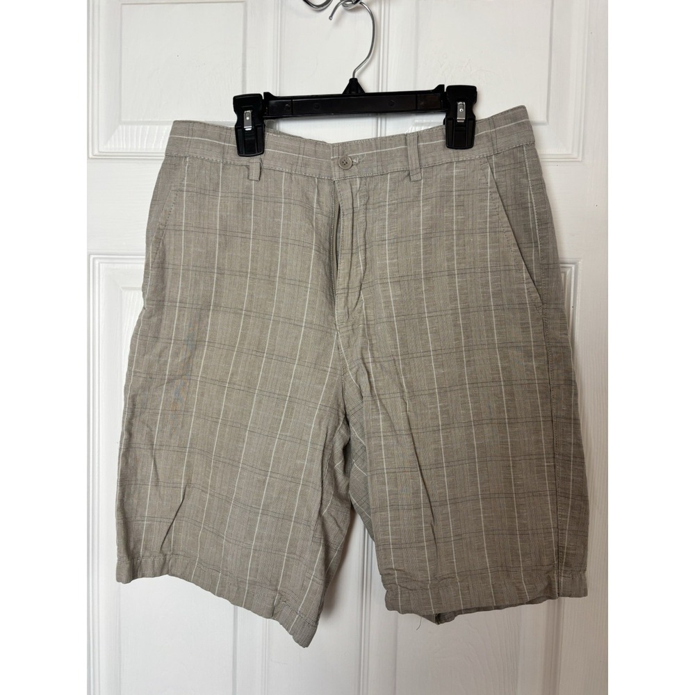 Tasso Elba Mens 30x9 Plaid Shorts Tan White Cotton‎ Linen Blend  Flat Front